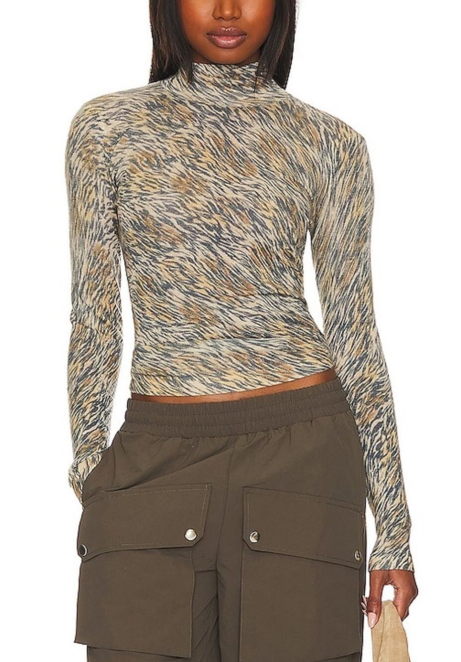 Autumn Cashmere Fitted Brown Combo Tiger Print Mock Neck Sweater Size XS